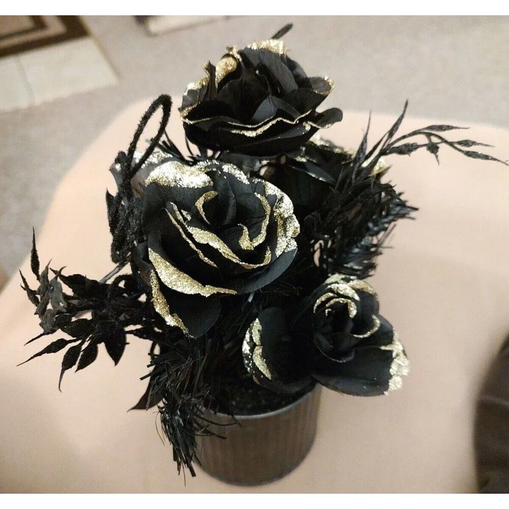 Artificial Flower Bouquet Arrangement Corrugated Tin Vase Black Gold Gray Rose